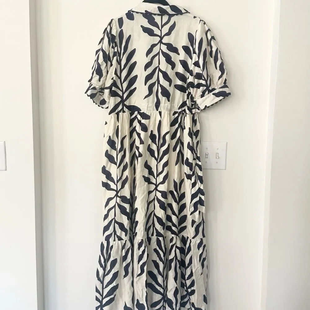 Entro Navy Blue Leaf Print Scallop Trim Midi Shirt Dress L - Picture 6 of 9